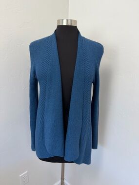 Eileen Fisher Wool Ribbed Lightweight Drape Open-Front Blue Cardigan Size L